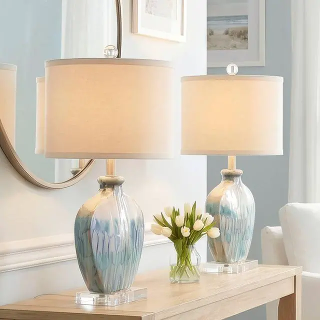 Alt view image 2 of 6 - Mia 25" High Table Lamps Set of 2 Blue Ceramic Beach Modern | Colors May Vary. Drip Coastal Living Room Bedroom House Bedside Nightstand Office Home Family White Shade