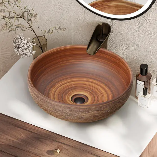 Main image of Vessel Sink, 15.7" Bathroom Sink for Retro Style Countertop Washbasin, Handmade Patterned Elegant Ceramic Round Bowl Sink for Modern and Classic Bathrooms Without Overflow