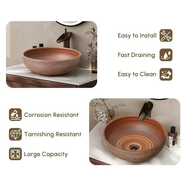 Alt view image 2 of 6 - Vessel Sink, 15.7" Bathroom Sink for Retro Style Countertop Washbasin, Handmade Patterned Elegant Ceramic Round Bowl Sink for Modern and Classic Bathrooms Without Overflow
