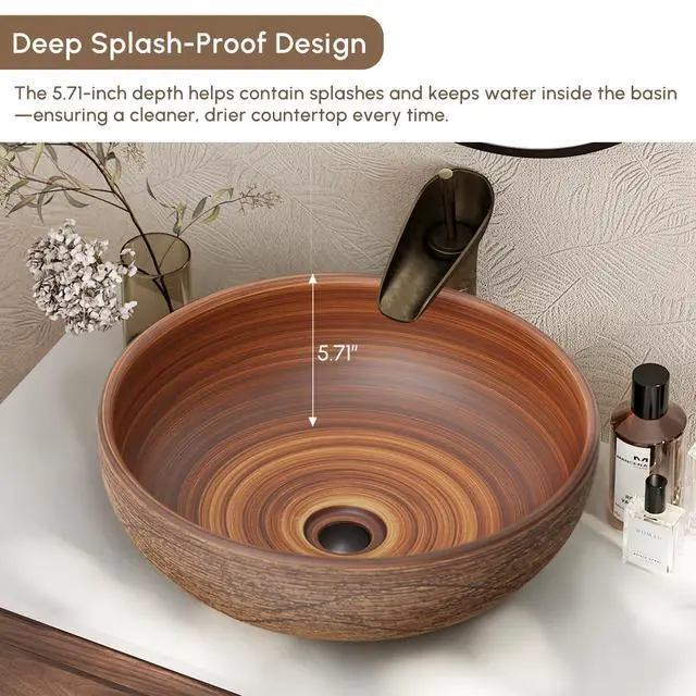 Alt view image 3 of 6 - Vessel Sink, 15.7" Bathroom Sink for Retro Style Countertop Washbasin, Handmade Patterned Elegant Ceramic Round Bowl Sink for Modern and Classic Bathrooms Without Overflow