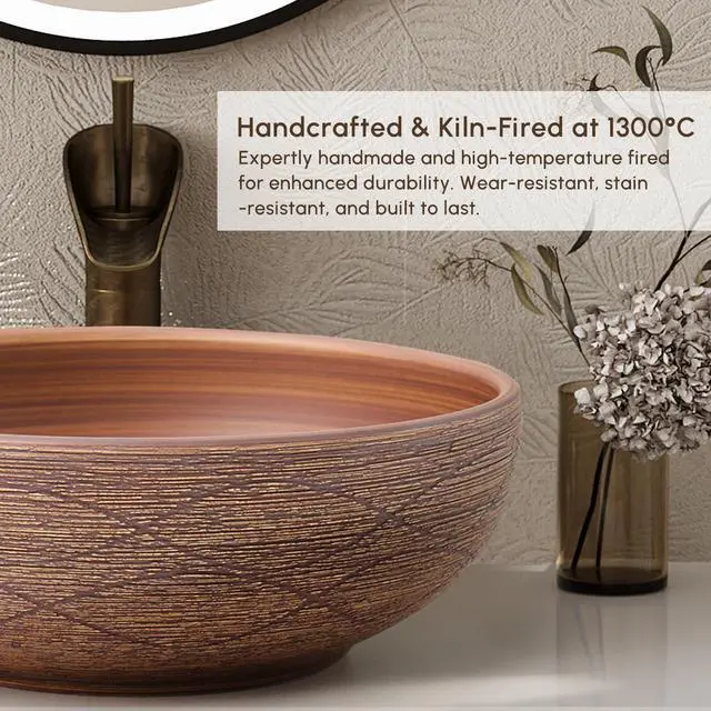 Alt view image 4 of 6 - Vessel Sink, 15.7" Bathroom Sink for Retro Style Countertop Washbasin, Handmade Patterned Elegant Ceramic Round Bowl Sink for Modern and Classic Bathrooms Without Overflow