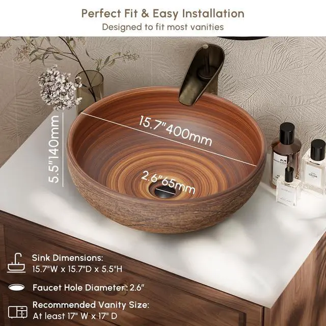Alt view image 5 of 6 - Vessel Sink, 15.7" Bathroom Sink for Retro Style Countertop Washbasin, Handmade Patterned Elegant Ceramic Round Bowl Sink for Modern and Classic Bathrooms Without Overflow