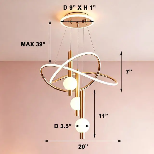 Alt view image 2 of 6 - Brass Gold LED Chandelier, Modern Pendant Light for Kitchen Island | 3-Color Change Elegant Hanging Lamps for Living Room Ceiling, Pendant Dining Light Fixture, Kitchen Island Acrylic Chandelier