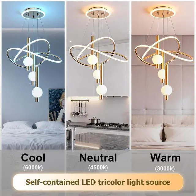 Alt view image 3 of 6 - Brass Gold LED Chandelier, Modern Pendant Light for Kitchen Island | 3-Color Change Elegant Hanging Lamps for Living Room Ceiling, Pendant Dining Light Fixture, Kitchen Island Acrylic Chandelier