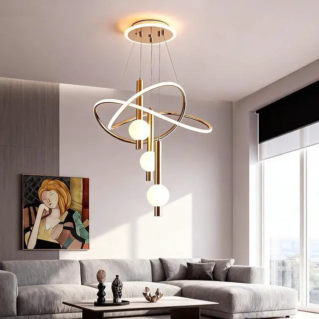 Alt view image 4 of 6 - Brass Gold LED Chandelier, Modern Pendant Light for Kitchen Island | 3-Color Change Elegant Hanging Lamps for Living Room Ceiling, Pendant Dining Light Fixture, Kitchen Island Acrylic Chandelier