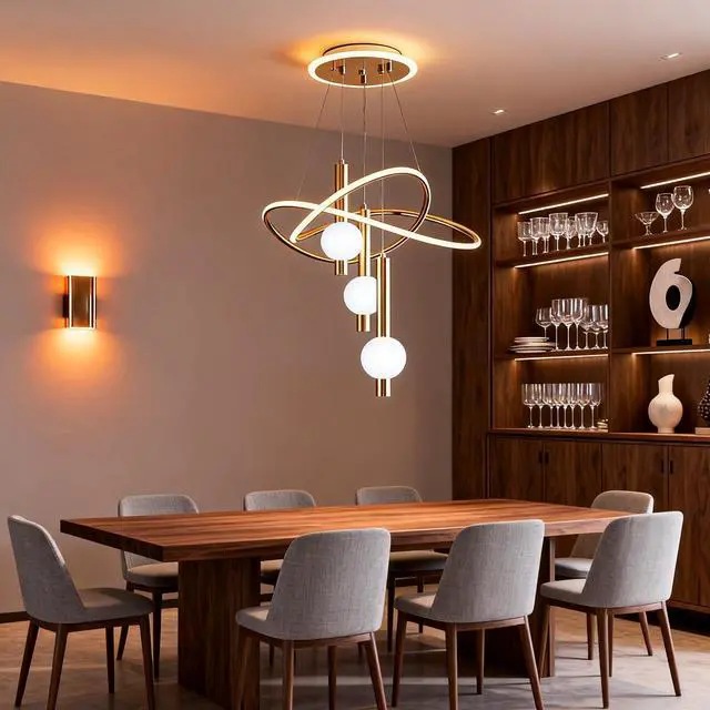 Alt view image 5 of 6 - Brass Gold LED Chandelier, Modern Pendant Light for Kitchen Island | 3-Color Change Elegant Hanging Lamps for Living Room Ceiling, Pendant Dining Light Fixture, Kitchen Island Acrylic Chandelier