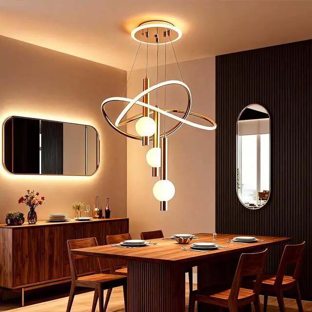 Alt view image 6 of 6 - Brass Gold LED Chandelier, Modern Pendant Light for Kitchen Island | 3-Color Change Elegant Hanging Lamps for Living Room Ceiling, Pendant Dining Light Fixture, Kitchen Island Acrylic Chandelier