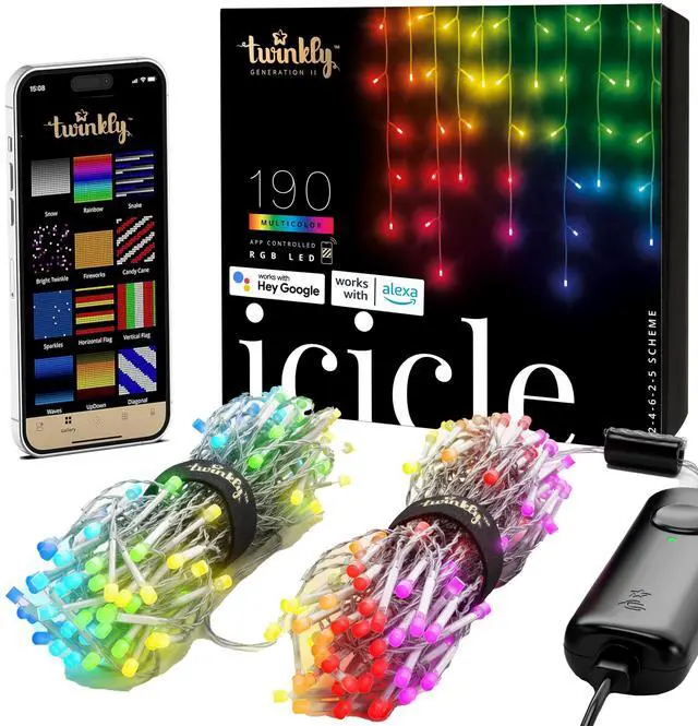 Main image of Icicle App-Controlled LED Christmas Lights with 190 RGB (16 Million Colors) LEDs. Clear Wire. Indoor and Outdoor Smart Lighting Decoration