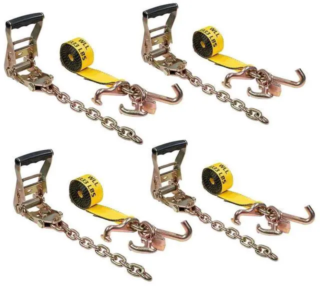 Main image of (4 Pack) Car Hauler Straps with RTJ Cluster Hooks - 2" x 8' Rollback Tie Down Straps with G70 12" Chain Extension - 3,335 lbs WLL Ratchet Straps for Auto Towing & Car Wrecker Recovery