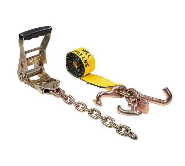 Alt view image 4 of 6 - (4 Pack) Car Hauler Straps with RTJ Cluster Hooks - 2" x 8' Rollback Tie Down Straps with G70 12" Chain Extension - 3,335 lbs WLL Ratchet Straps for Auto Towing & Car Wrecker Recovery