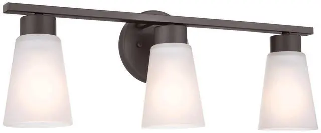 Main image of Stamos 3-Light Bathroom Vanity Light, Brushed Nickel | Satin etched glass vanity light for bathroom mirrors (22" x 8" x 5"), 45887NI