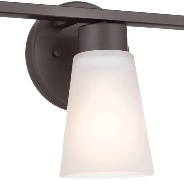 Alt view image 3 of 6 - Stamos 3-Light Bathroom Vanity Light, Brushed Nickel | Satin etched glass vanity light for bathroom mirrors (22" x 8" x 5"), 45887NI