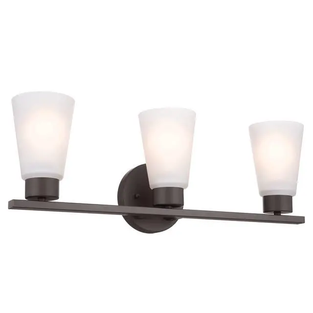 Alt view image 5 of 6 - Stamos 3-Light Bathroom Vanity Light, Brushed Nickel | Satin etched glass vanity light for bathroom mirrors (22" x 8" x 5"), 45887NI