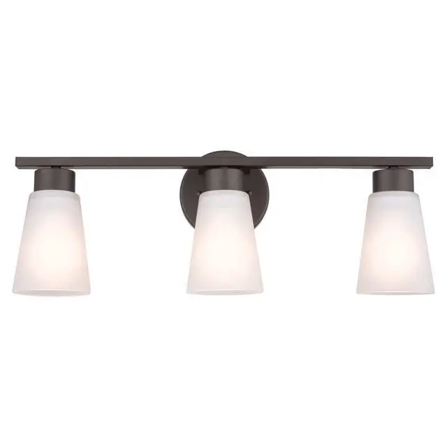 Alt view image 6 of 6 - Stamos 3-Light Bathroom Vanity Light, Brushed Nickel | Satin etched glass vanity light for bathroom mirrors (22" x 8" x 5"), 45887NI