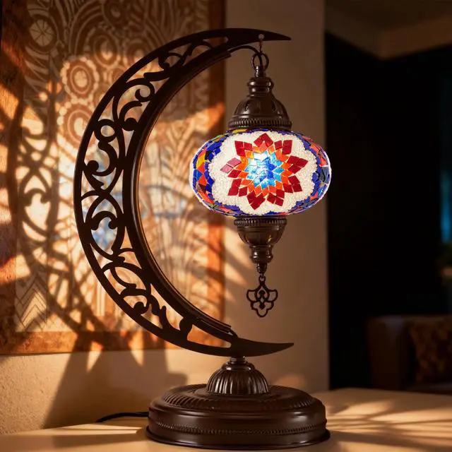Alt view image 2 of 6 - Turkish Mosaic Crescent Shape Table Lamp, Moroccan Moon Boho Handmade Desk Light, Farmhouse Rustic Living Room Decorative Lighting, Bedside Nightstand with E12 Socket & US Plug (Multicolor)