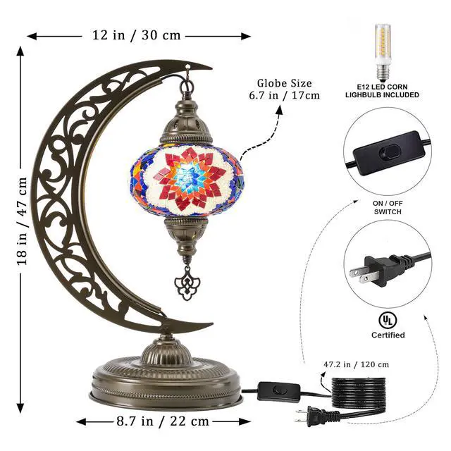 Alt view image 3 of 6 - Turkish Mosaic Crescent Shape Table Lamp, Moroccan Moon Boho Handmade Desk Light, Farmhouse Rustic Living Room Decorative Lighting, Bedside Nightstand with E12 Socket & US Plug (Multicolor)