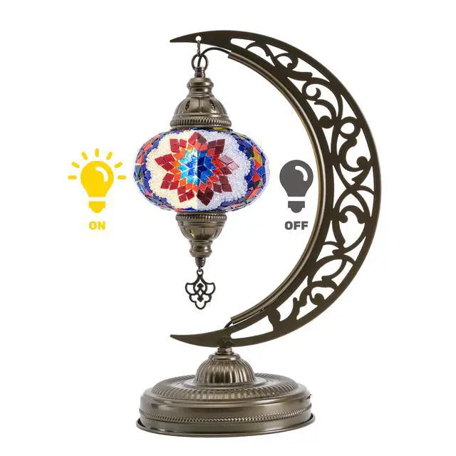 Alt view image 4 of 6 - Turkish Mosaic Crescent Shape Table Lamp, Moroccan Moon Boho Handmade Desk Light, Farmhouse Rustic Living Room Decorative Lighting, Bedside Nightstand with E12 Socket & US Plug (Multicolor)