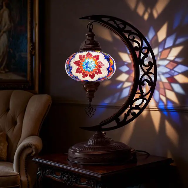 Alt view image 5 of 6 - Turkish Mosaic Crescent Shape Table Lamp, Moroccan Moon Boho Handmade Desk Light, Farmhouse Rustic Living Room Decorative Lighting, Bedside Nightstand with E12 Socket & US Plug (Multicolor)