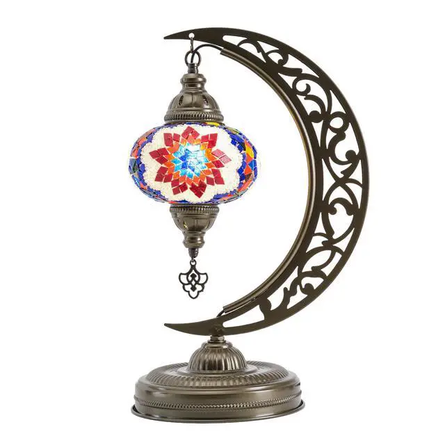Alt view image 6 of 6 - Turkish Mosaic Crescent Shape Table Lamp, Moroccan Moon Boho Handmade Desk Light, Farmhouse Rustic Living Room Decorative Lighting, Bedside Nightstand with E12 Socket & US Plug (Multicolor)