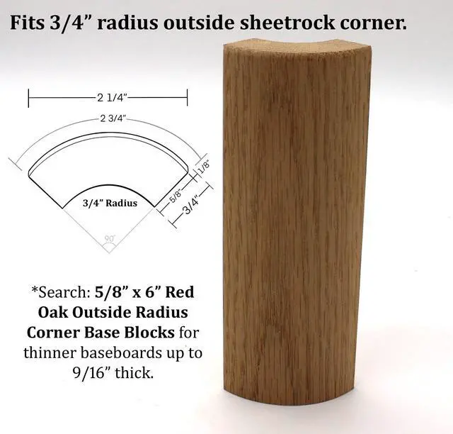 Alt view image 2 of 5 - 3/4" x 2 1/4" x 6" Oak Outside Radius Corner Base Block Bullnose - Fits 3/4" Radius, Trim Molding (30)