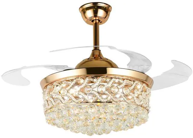 Main image of 42" Crystal Ceiling Fan with Light Modern Chandelier | Modern Chandelier Retractable Blades Fandelier Remote Control 3 Speeds 3 Colors Silent