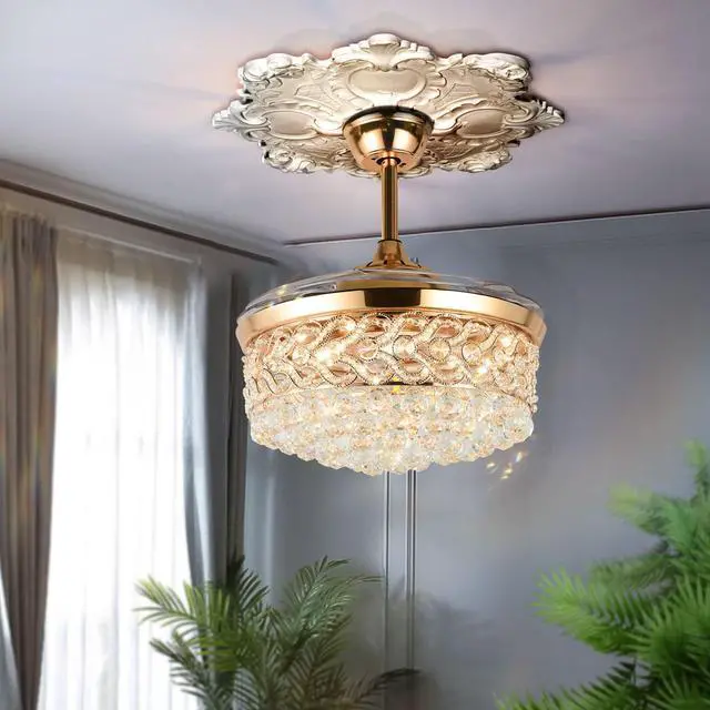Alt view image 2 of 6 - 42" Crystal Ceiling Fan with Light Modern Chandelier | Modern Chandelier Retractable Blades Fandelier Remote Control 3 Speeds 3 Colors Silent