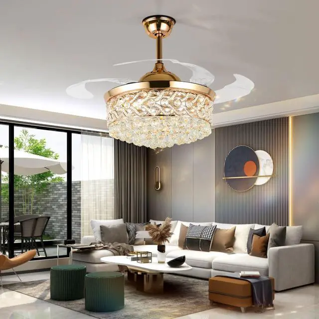 Alt view image 3 of 6 - 42" Crystal Ceiling Fan with Light Modern Chandelier | Modern Chandelier Retractable Blades Fandelier Remote Control 3 Speeds 3 Colors Silent
