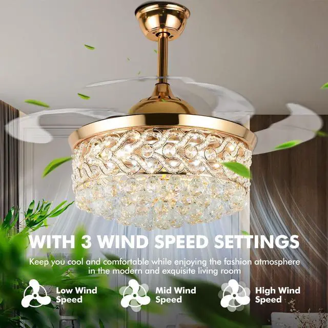 Alt view image 4 of 6 - 42" Crystal Ceiling Fan with Light Modern Chandelier | Modern Chandelier Retractable Blades Fandelier Remote Control 3 Speeds 3 Colors Silent