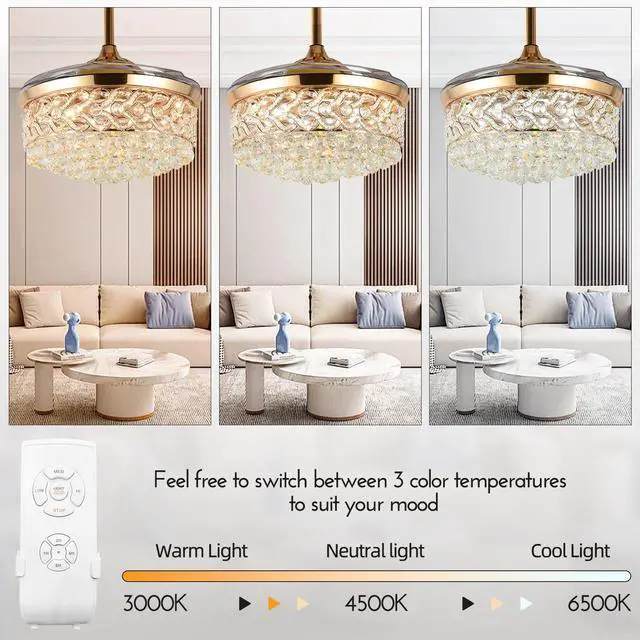 Alt view image 5 of 6 - 42" Crystal Ceiling Fan with Light Modern Chandelier | Modern Chandelier Retractable Blades Fandelier Remote Control 3 Speeds 3 Colors Silent