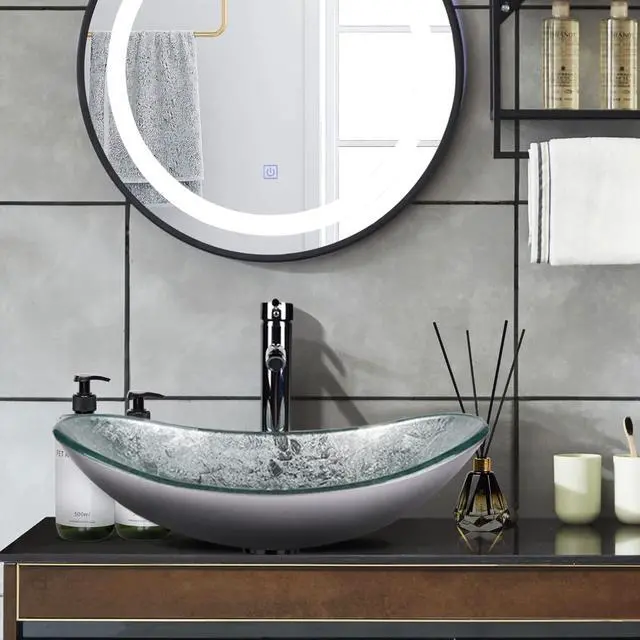 Alt view image 6 of 6 - Boat Shape Bathroom Artistic Glass Vessel Sink Free Chrome Faucet Chrome Pop-up Drain,Silver