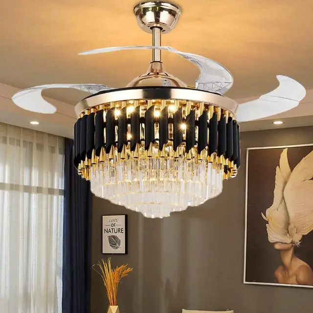 Main image of 42" Crystal Chandelier Ceiling Fan and Remote, Gold Luxury Chandelier and Fan With 3 Colors 3 Speeds, Retractable Fandelier Ceiling Fan LED Light For Dinning Room Bedroom