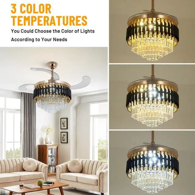 Alt view image 4 of 6 - 42" Crystal Chandelier Ceiling Fan and Remote, Gold Luxury Chandelier and Fan With 3 Colors 3 Speeds, Retractable Fandelier Ceiling Fan LED Light For Dinning Room Bedroom