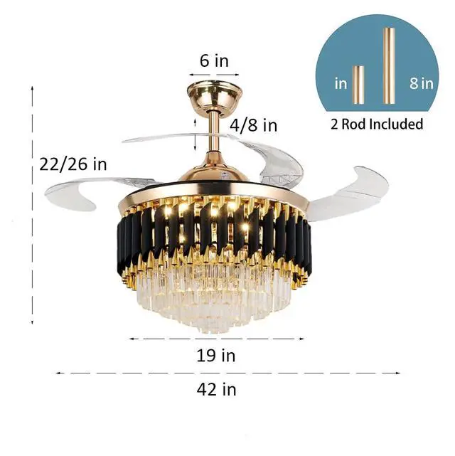 Alt view image 6 of 6 - 42" Crystal Chandelier Ceiling Fan and Remote, Gold Luxury Chandelier and Fan With 3 Colors 3 Speeds, Retractable Fandelier Ceiling Fan LED Light For Dinning Room Bedroom