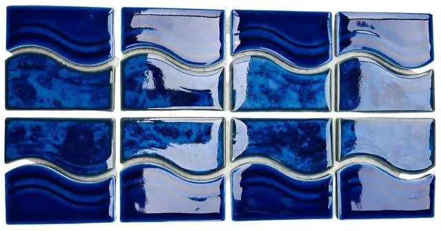 Main image of Marble Blue Wavy Glossy Porcelain Lineup Border Pool Wall Tile on 6x12 Mesh for Easy Installation, for Bathroom Wall, Backsplash (5 Pieces)