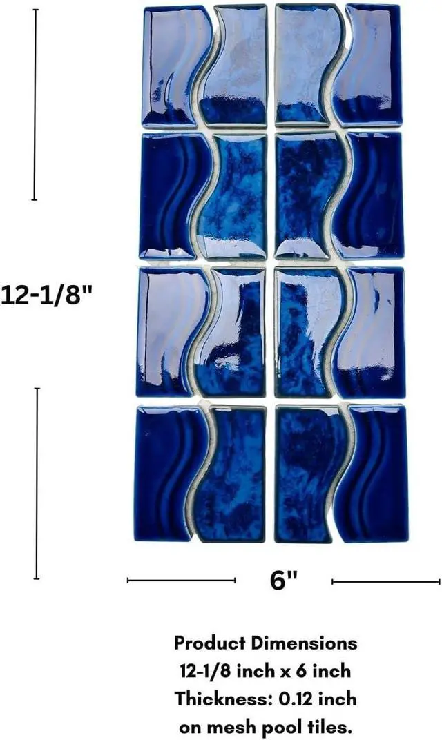 Alt view image 2 of 5 - Marble Blue Wavy Glossy Porcelain Lineup Border Pool Wall Tile on 6x12 Mesh for Easy Installation, for Bathroom Wall, Backsplash (5 Pieces)