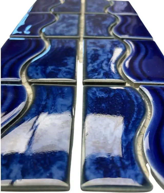 Alt view image 3 of 5 - Marble Blue Wavy Glossy Porcelain Lineup Border Pool Wall Tile on 6x12 Mesh for Easy Installation, for Bathroom Wall, Backsplash (5 Pieces)