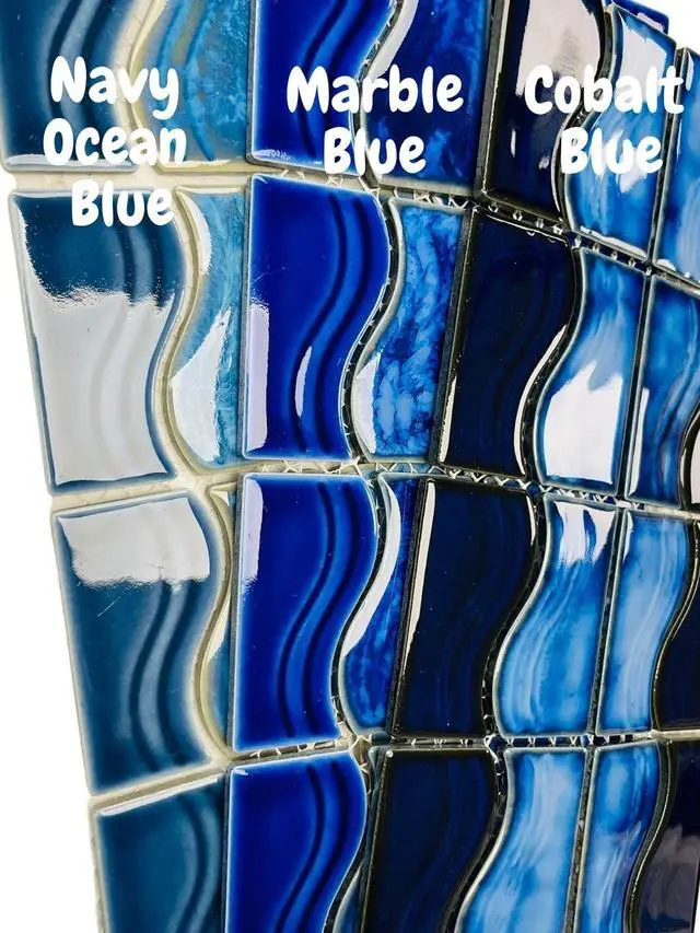 Alt view image 4 of 5 - Marble Blue Wavy Glossy Porcelain Lineup Border Pool Wall Tile on 6x12 Mesh for Easy Installation, for Bathroom Wall, Backsplash (5 Pieces)