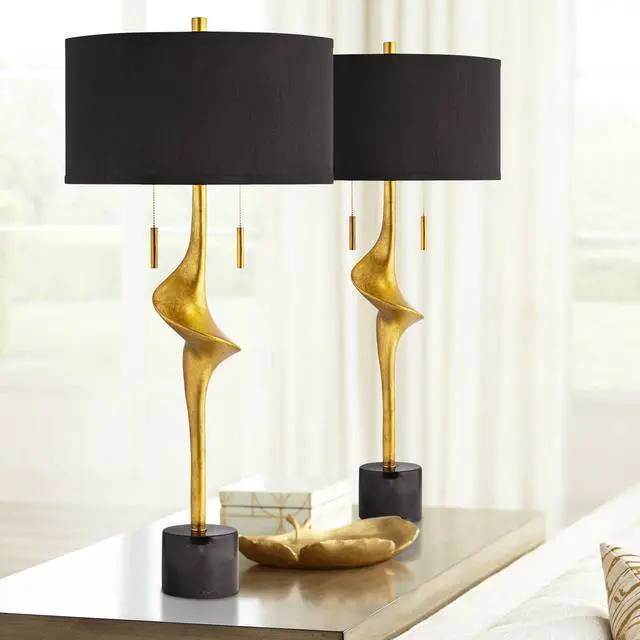Main image of Athena 35 1/2" Table Lamps Set of 2 Gold Leaf Large Pull Chain Modern | Glam Sculptural End Living Room Bedroom Bedside Nightstand House Office Home Reading Kitchen Entryway