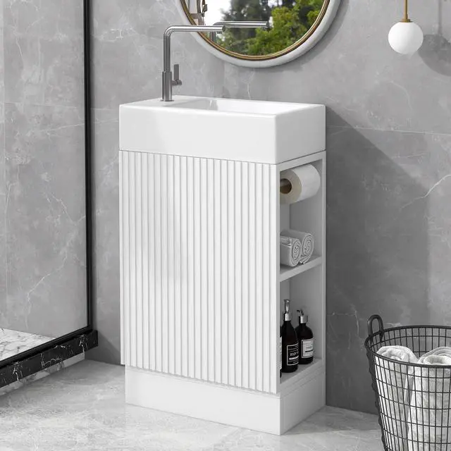 Main image of 18 Inch White Bathroom Vanity with Ceramic Sink, Compact Freestanding Vanity with Soft-Closing Door, Open Storage Shelf & Toilet Paper Holder, White