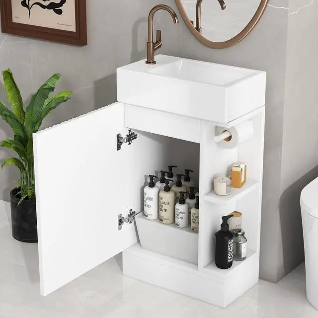 Alt view image 3 of 6 - 18 Inch White Bathroom Vanity with Ceramic Sink, Compact Freestanding Vanity with Soft-Closing Door, Open Storage Shelf & Toilet Paper Holder, White