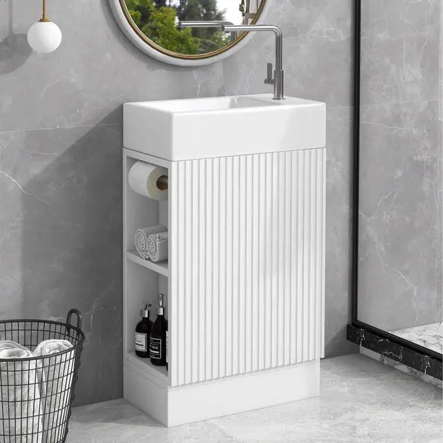 Alt view image 4 of 6 - 18 Inch White Bathroom Vanity with Ceramic Sink, Compact Freestanding Vanity with Soft-Closing Door, Open Storage Shelf & Toilet Paper Holder, White