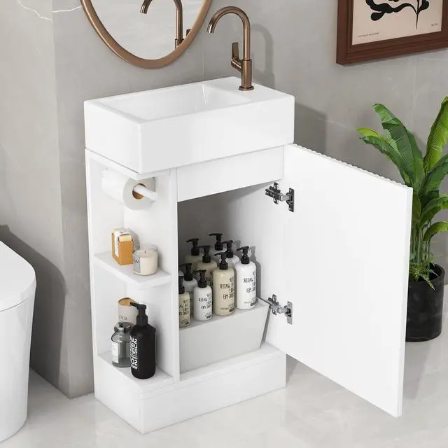 Alt view image 5 of 6 - 18 Inch White Bathroom Vanity with Ceramic Sink, Compact Freestanding Vanity with Soft-Closing Door, Open Storage Shelf & Toilet Paper Holder, White