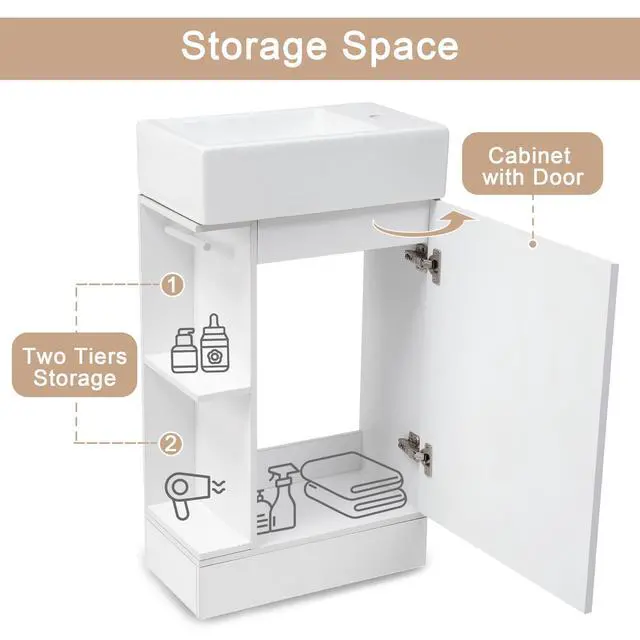 Alt view image 6 of 6 - 18 Inch White Bathroom Vanity with Ceramic Sink, Compact Freestanding Vanity with Soft-Closing Door, Open Storage Shelf & Toilet Paper Holder, White
