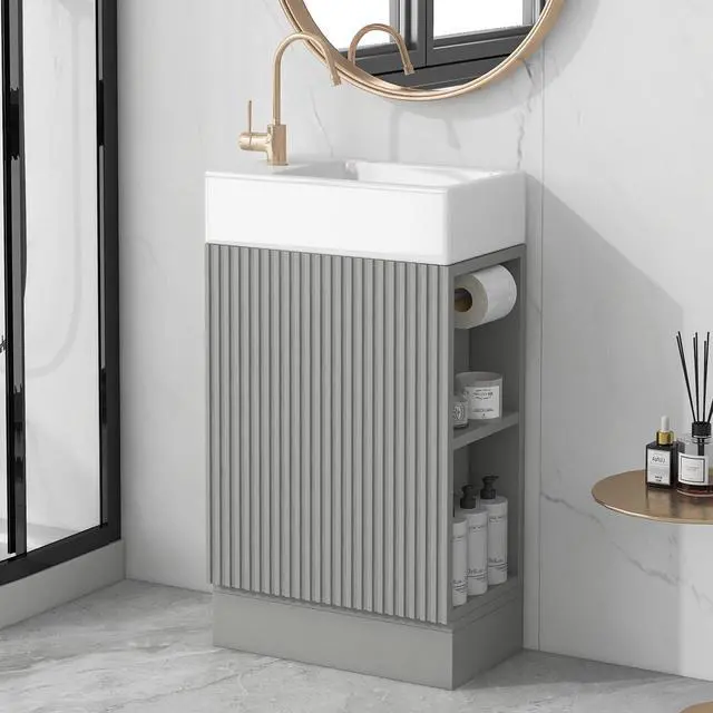 Main image of 18.6 Inch Bathroom Vanity with Ceramic Sink, Small Bathroom Vanity with Soft-Close Door, Storage Shelves and Paper Holder, Freestanding, Grey