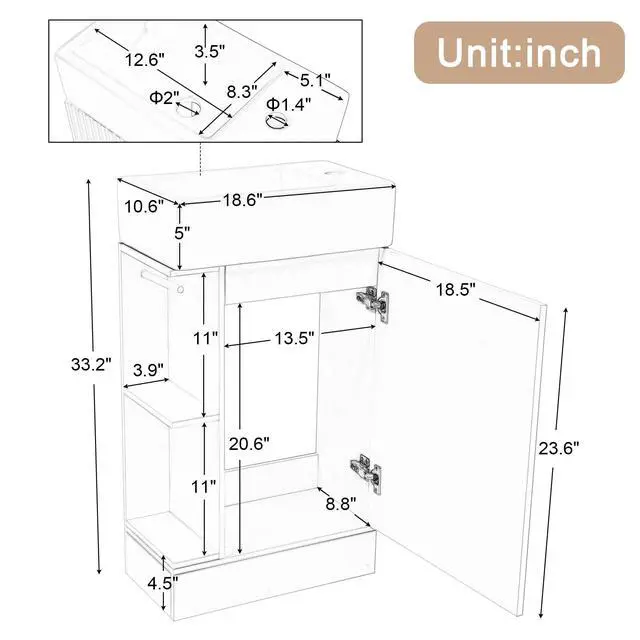 Alt view image 2 of 6 - 18.6 Inch Bathroom Vanity with Ceramic Sink, Small Bathroom Vanity with Soft-Close Door, Storage Shelves and Paper Holder, Freestanding, Grey