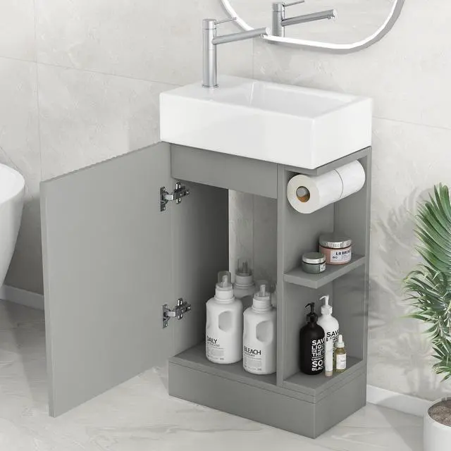 Alt view image 3 of 6 - 18.6 Inch Bathroom Vanity with Ceramic Sink, Small Bathroom Vanity with Soft-Close Door, Storage Shelves and Paper Holder, Freestanding, Grey
