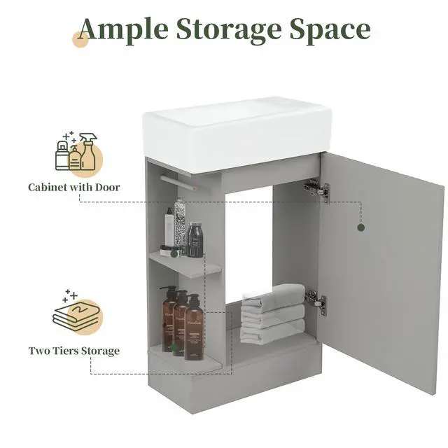 Alt view image 5 of 6 - 18.6 Inch Bathroom Vanity with Ceramic Sink, Small Bathroom Vanity with Soft-Close Door, Storage Shelves and Paper Holder, Freestanding, Grey