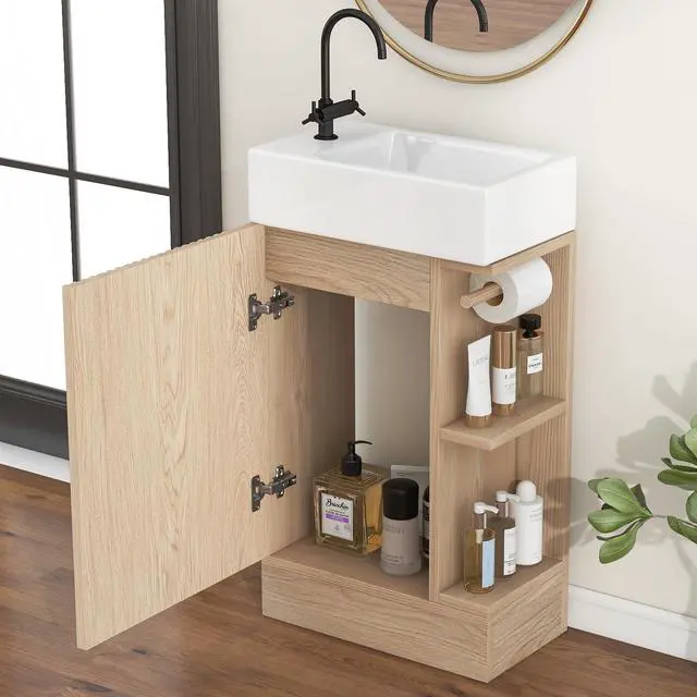 Alt view image 3 of 6 - 18.6 Inch Bathroom Vanity with Ceramic Sink, Small Bathroom Vanity with Soft-Close Door, Storage Shelves and Paper Holder, Freestanding, Natural