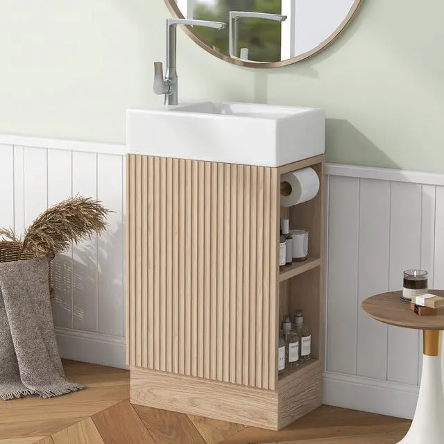 Alt view image 4 of 6 - 18.6 Inch Bathroom Vanity with Ceramic Sink, Small Bathroom Vanity with Soft-Close Door, Storage Shelves and Paper Holder, Freestanding, Natural