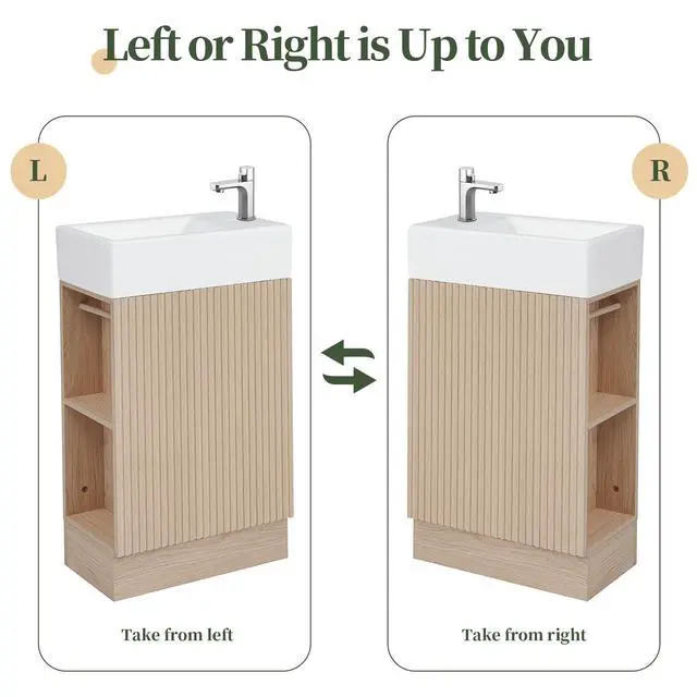 Alt view image 5 of 6 - 18.6 Inch Bathroom Vanity with Ceramic Sink, Small Bathroom Vanity with Soft-Close Door, Storage Shelves and Paper Holder, Freestanding, Natural
